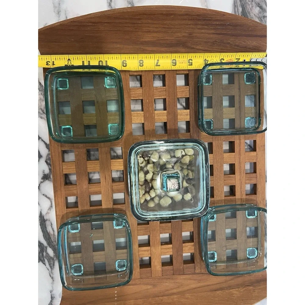 Dansk JHQ Quistgaard Teak Wood Lattice Trivet Tray Green Glass Serving Set MCM